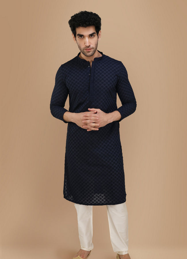 Manyavar Men Royal Blue Chikankari Kurta Pajama