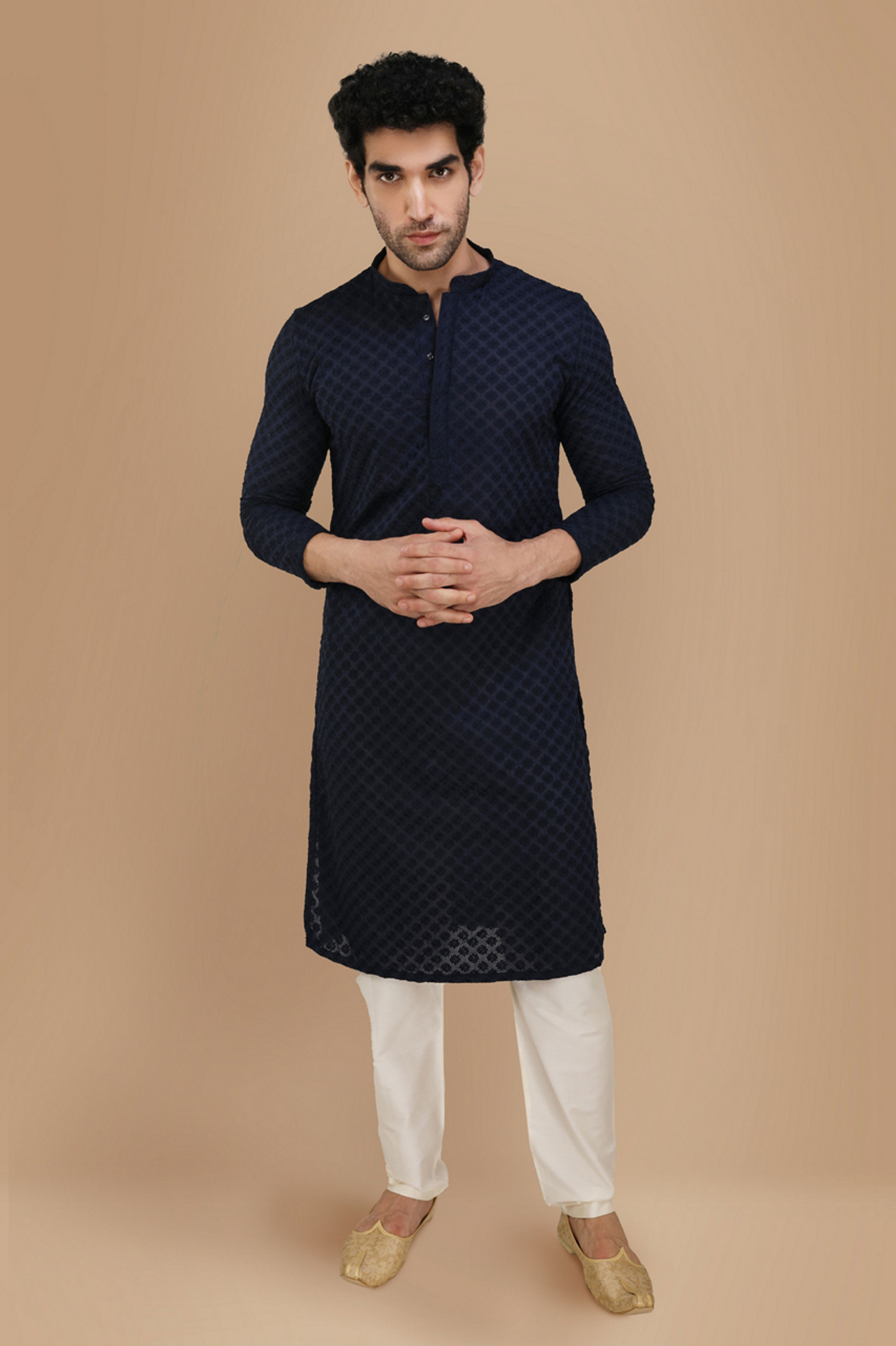 Manyavar Men Royal Blue Chikankari Kurta Pajama