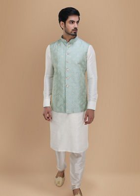 alt message - Manyavar Men Subtle Blue Kurta Jacket Set image number 1