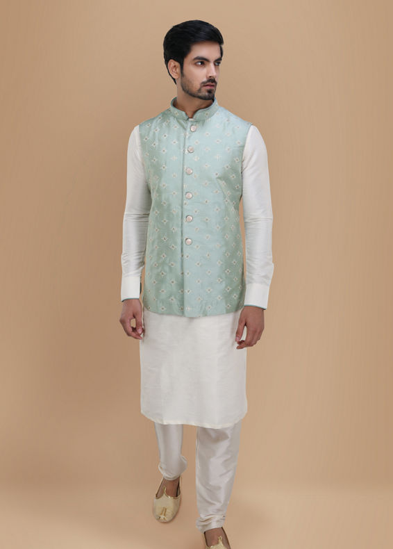 Manyavar Men Subtle Blue Kurta Jacket Set