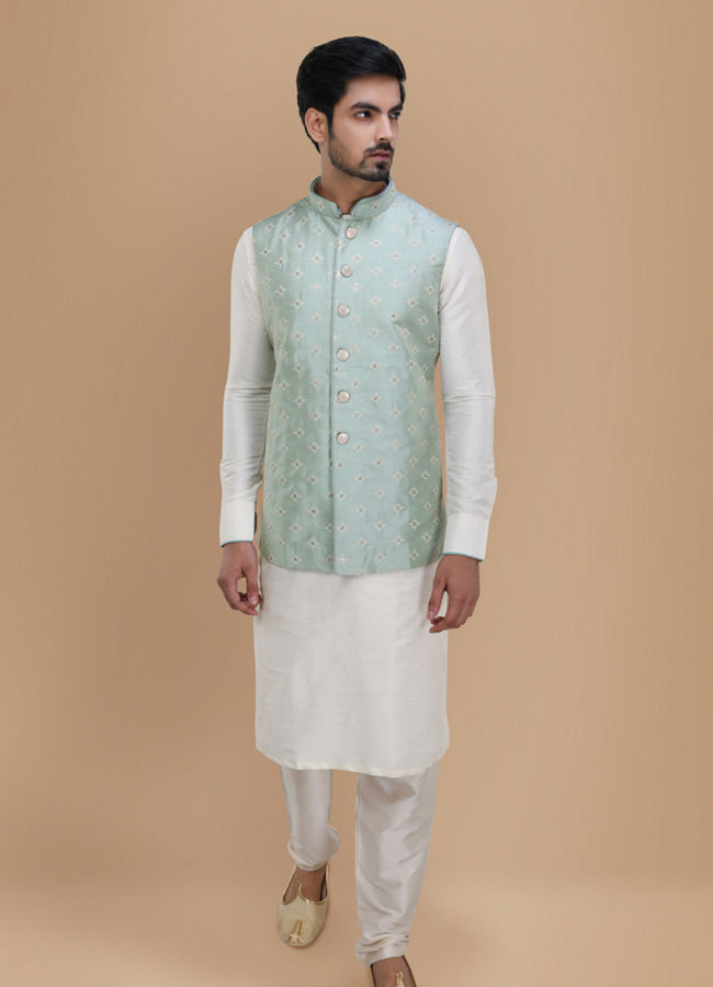 Manyavar Men Subtle Blue Kurta Jacket Set image number 1