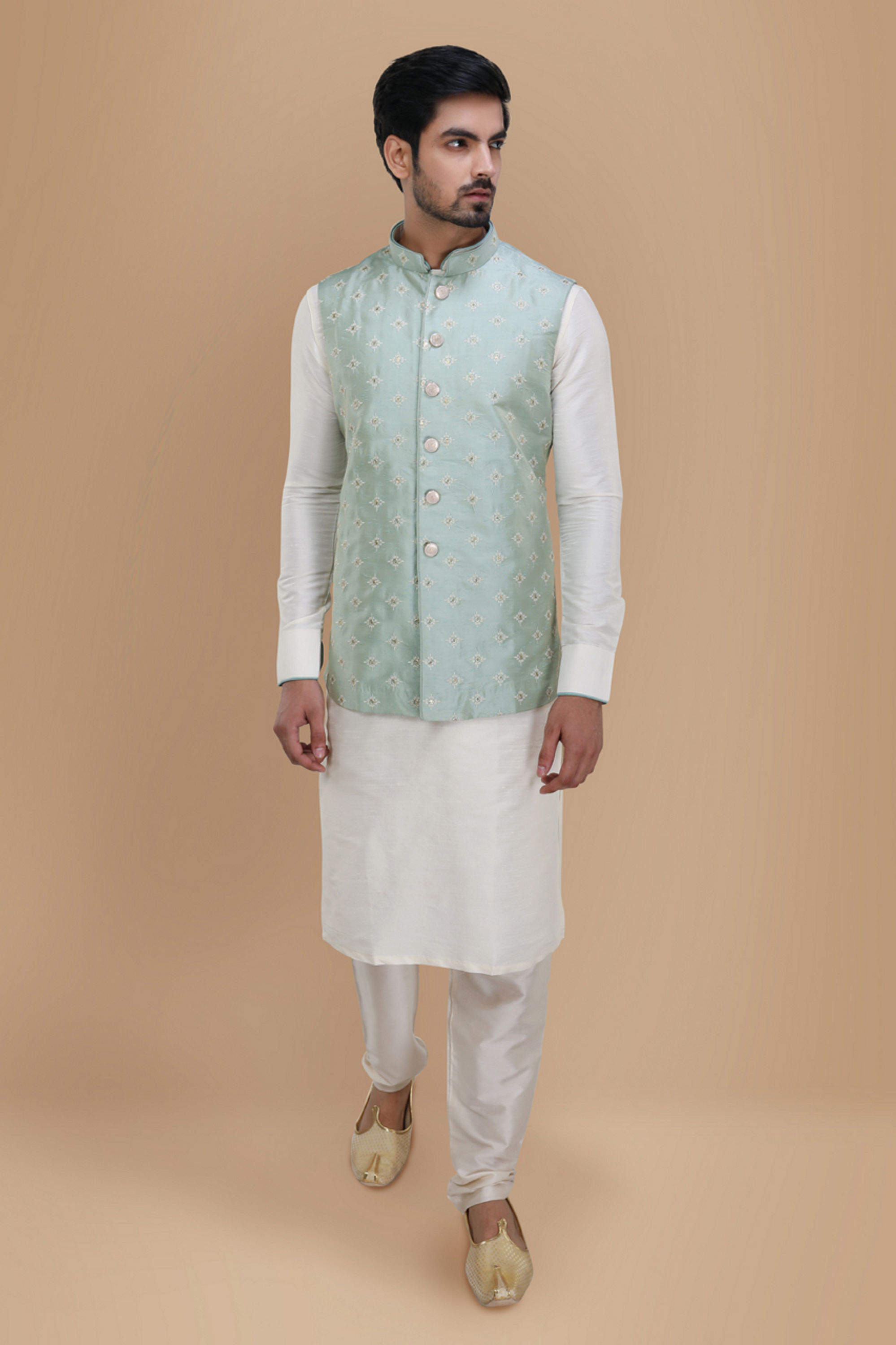 Manyavar Men Subtle Blue Kurta Jacket Set