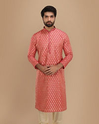 Manyavar Men Dark Peach Jacquard Kurta Set