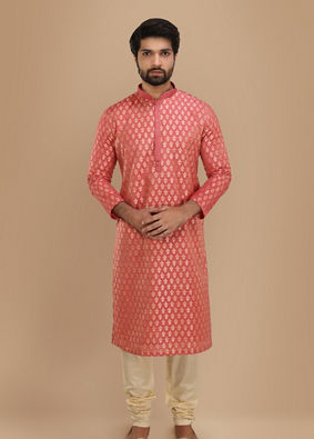 alt message - Manyavar Men Dark Peach Jacquard Kurta Set image number 1