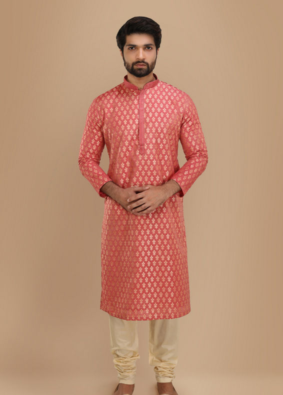 Manyavar Men Dark Peach Jacquard Kurta Set