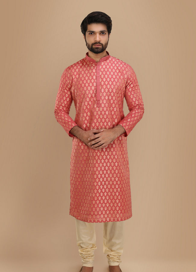 alt message - Manyavar Men Dark Peach Jacquard Kurta Set image number 1