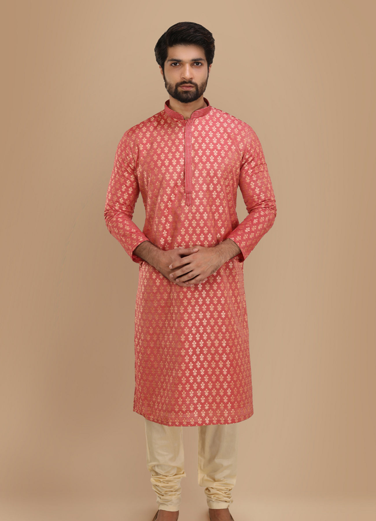 Manyavar Men Dark Peach Jacquard Kurta Set