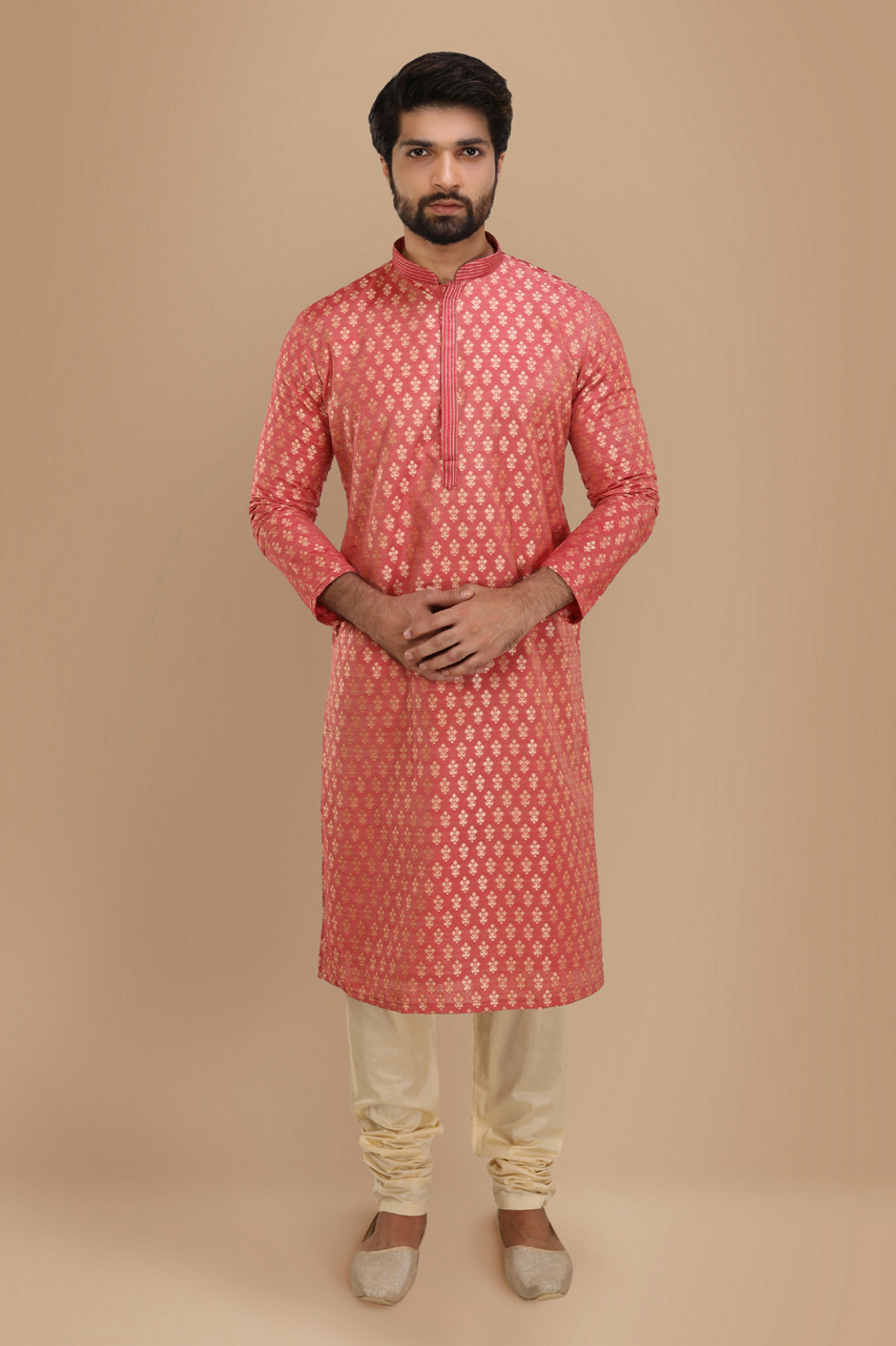 Manyavar Men Dark Peach Jacquard Kurta Set