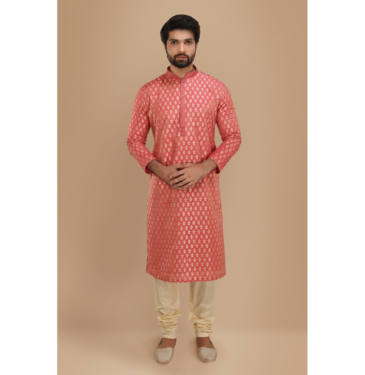 alt message - Manyavar Men Dark Peach Jacquard Kurta Set image number 1