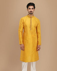 Manyavar Men Mustard Yellow Plain Kurta Set With Neck Detailing