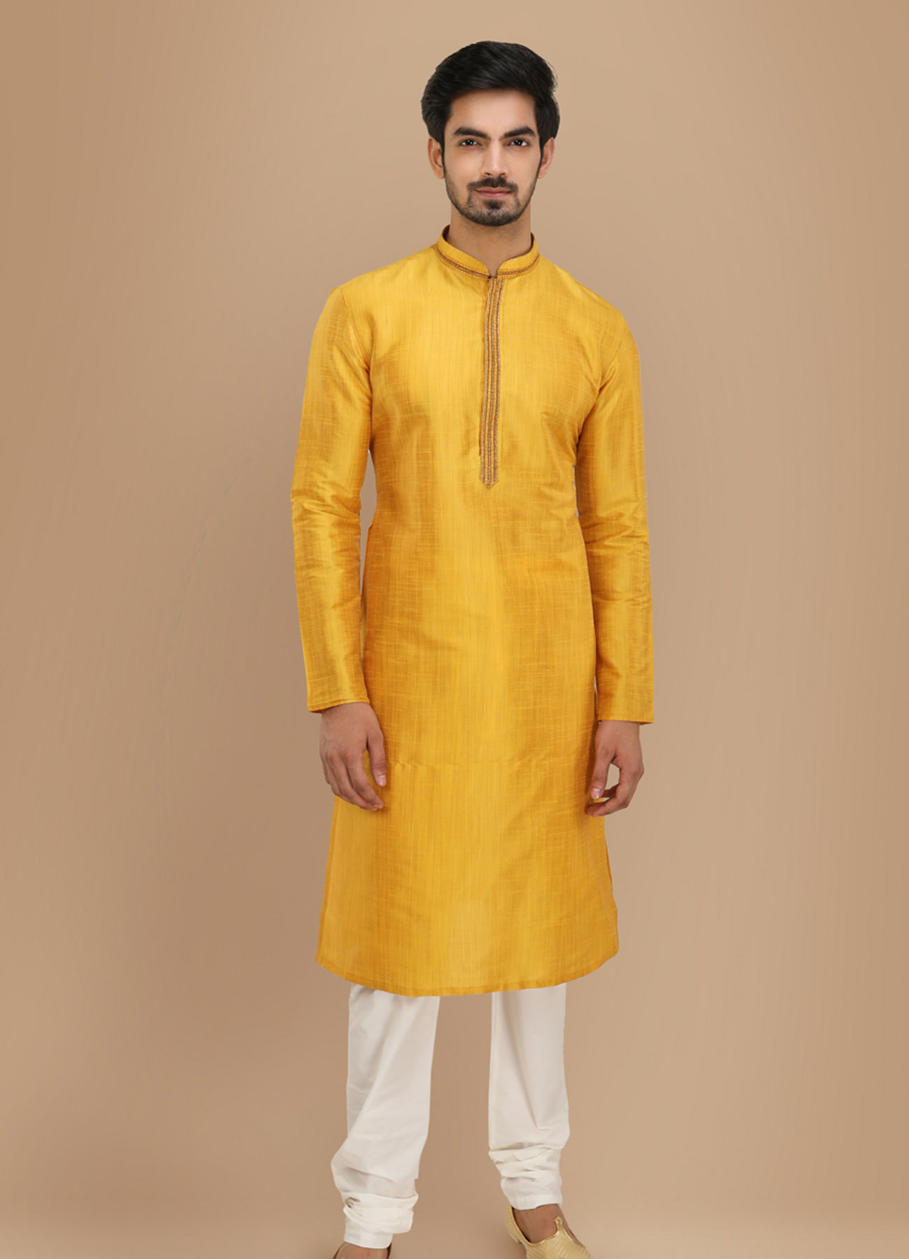 Manyavar Men Mustard Yellow Plain Kurta Set With Neck Detailing