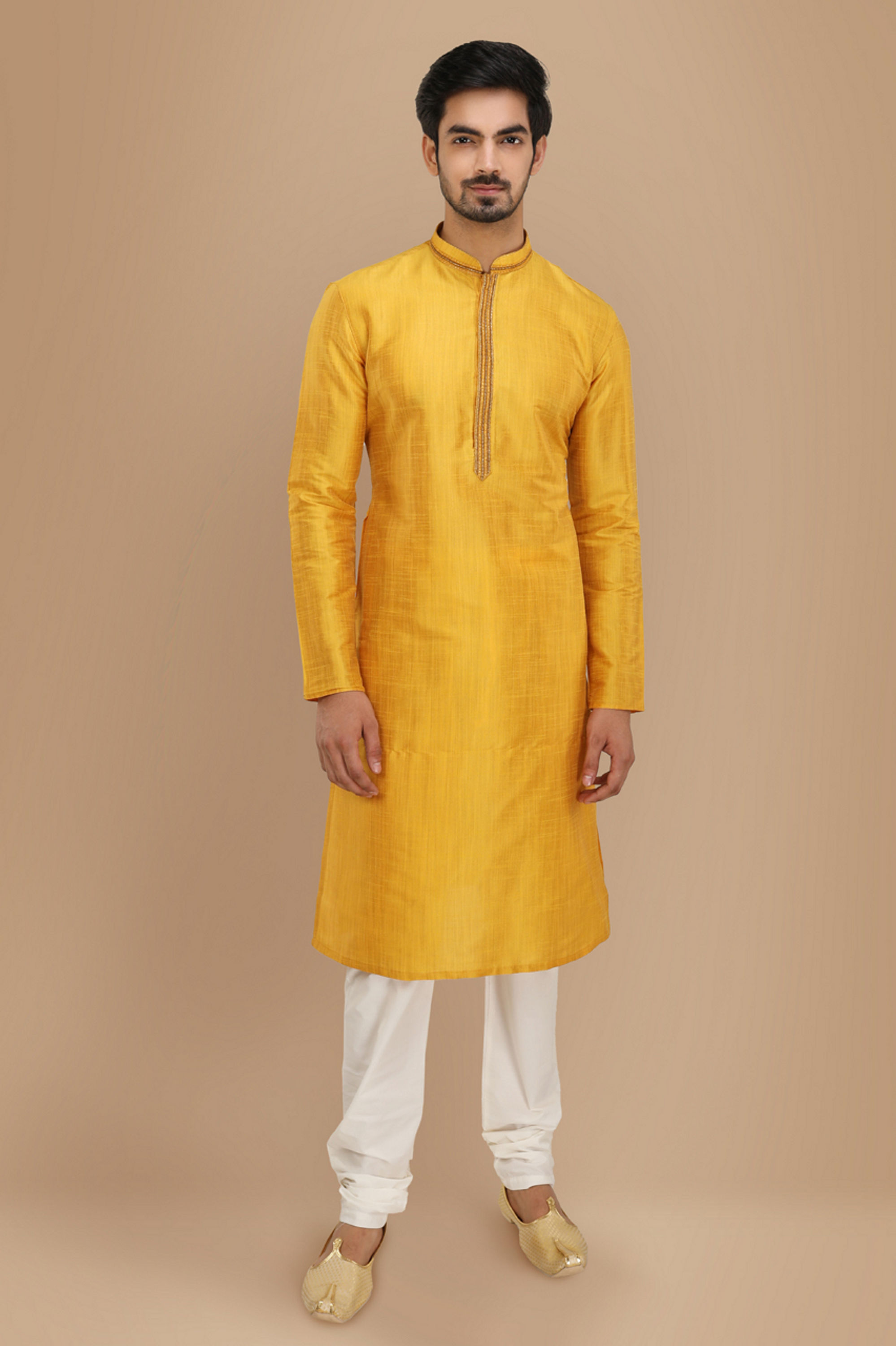 Manyavar Men Mustard Yellow Plain Kurta Set With Neck Detailing