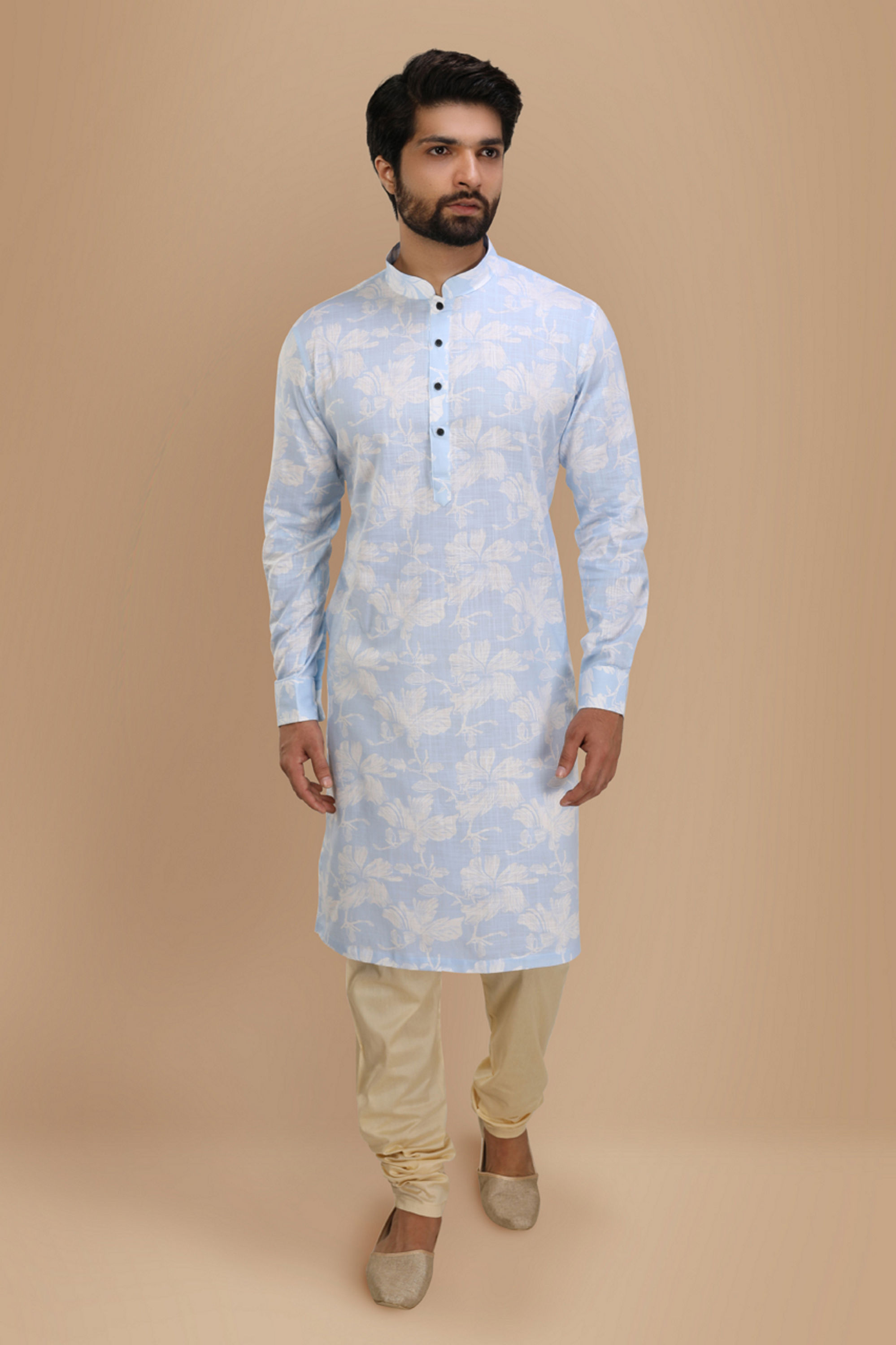 Manyavar Men Blue Floral Printed Kurta