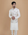 alt message - Manyavar Men Light Cream Floral Print Kurta Jacket Set image number 1