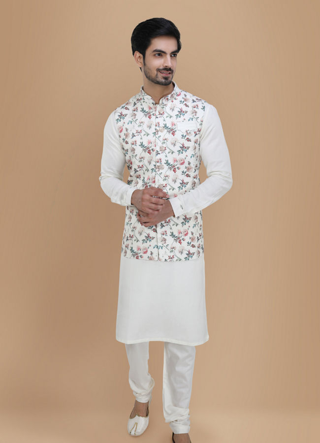 alt message - Manyavar Men Light Cream Floral Print Kurta Jacket Set image number 1