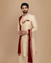 Manyavar Men Beige Sherwani Suit With Bold Zardozi Work
