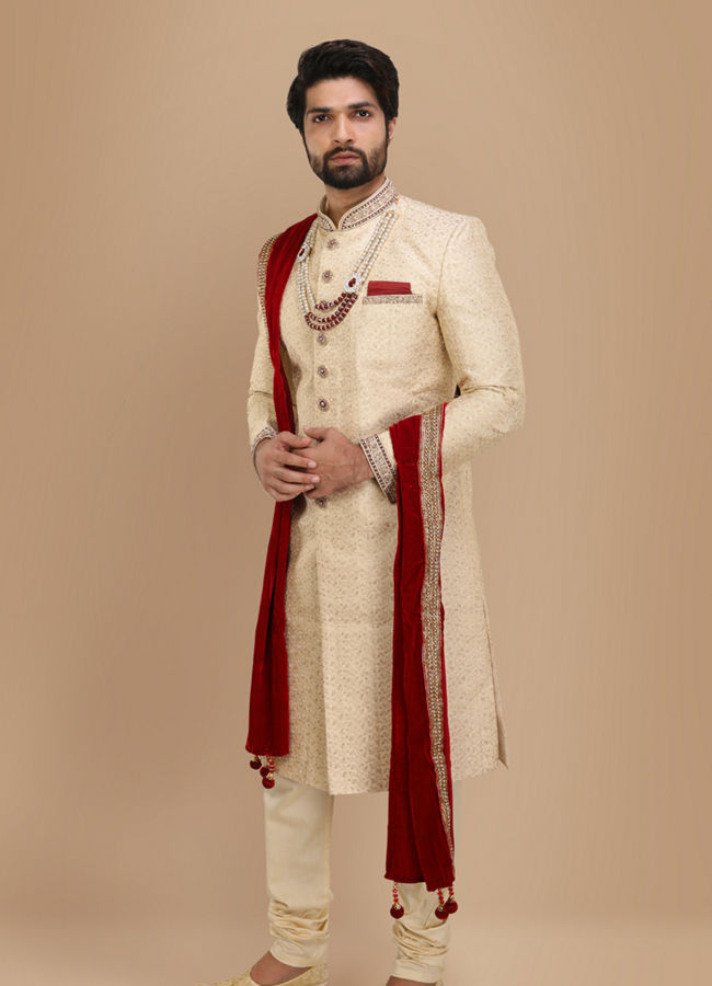 Manyavar Men Beige Sherwani Suit With Bold Zardozi Work