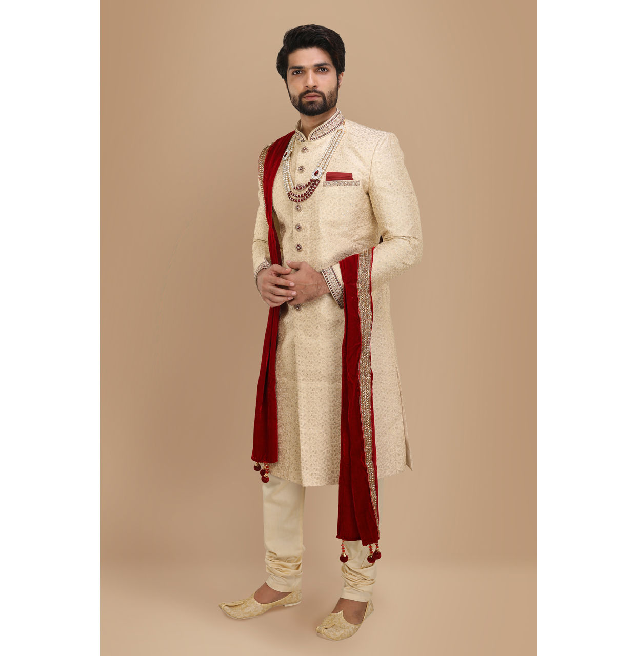 Manyavar Men Beige Sherwani Suit With Bold Zardozi Work