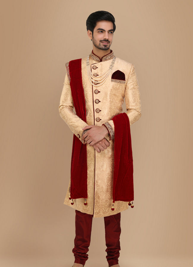 Manyavar Men Fawn Embellished Designer Wedding Sherwani