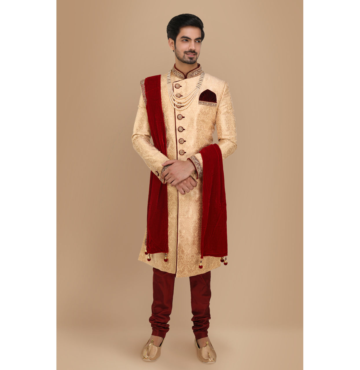 Manyavar Men Fawn Embellished Designer Wedding Sherwani