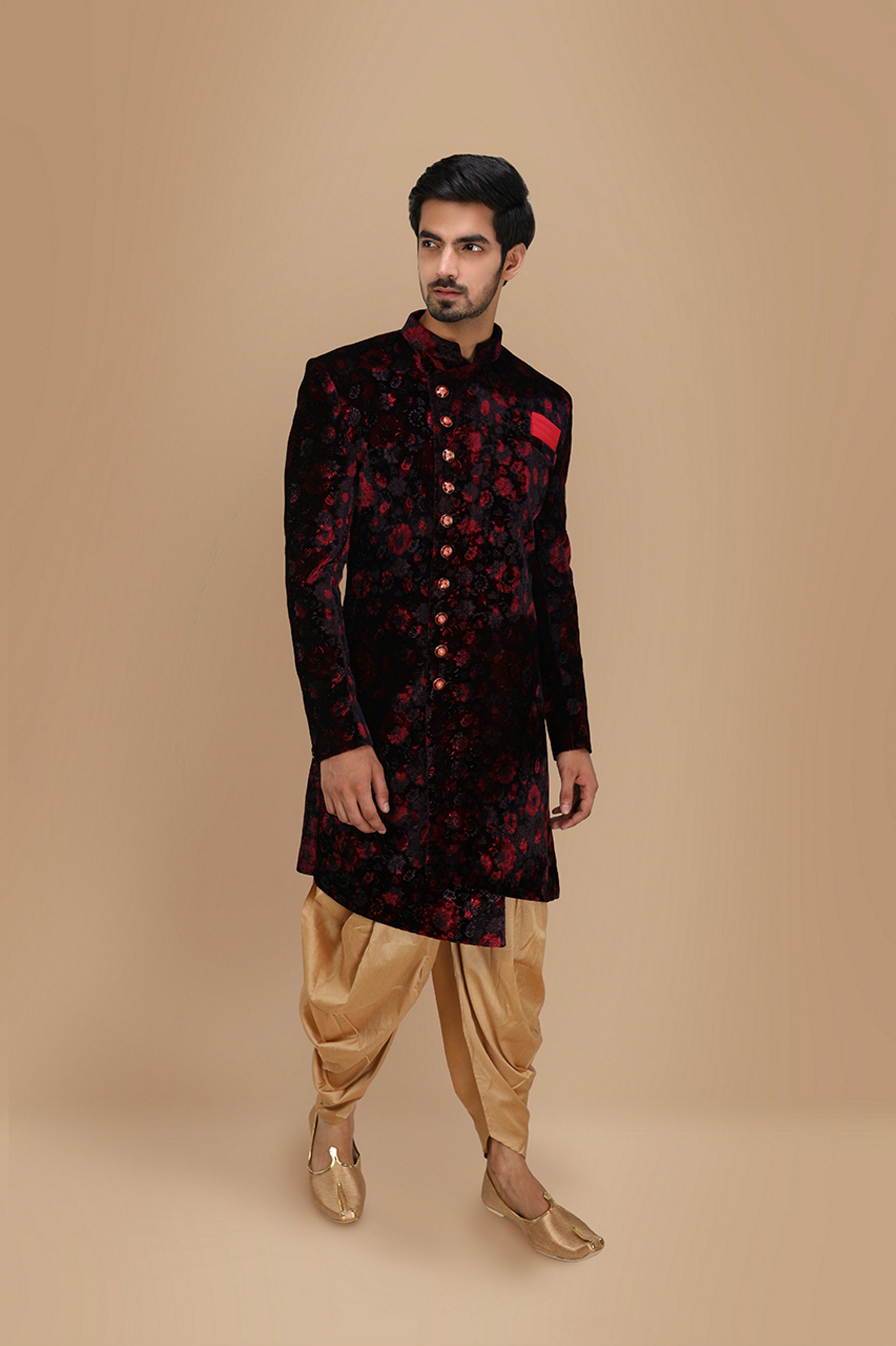 Manyavar Men Velvet Wine Shade Indo Western