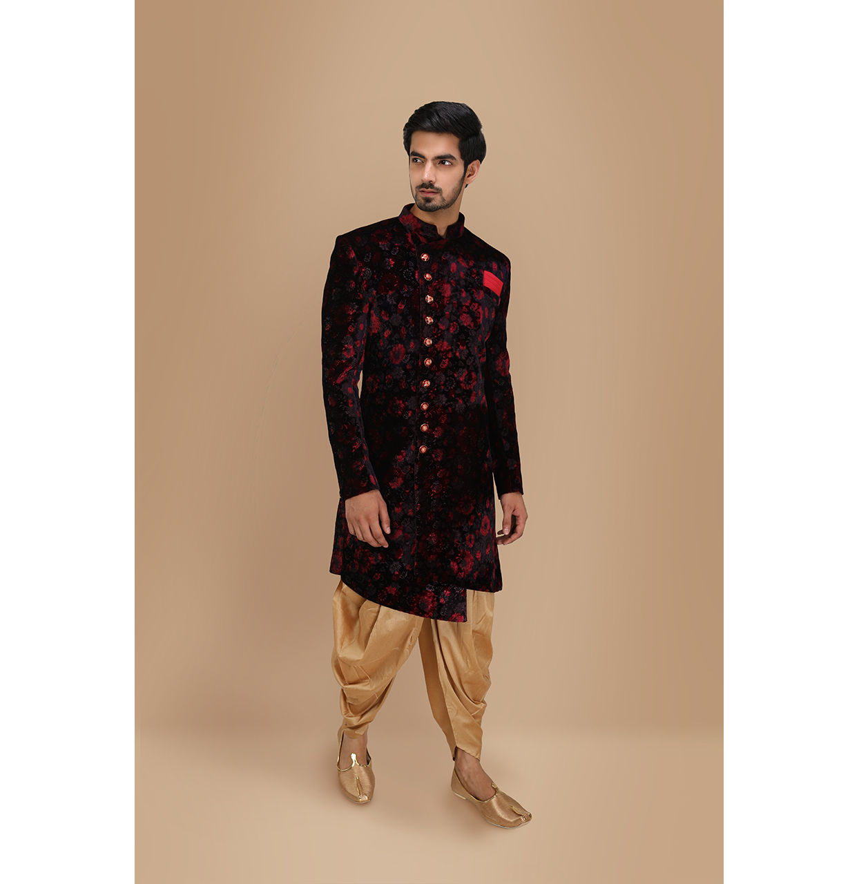 alt message - Manyavar Men Velvet Wine Shade Indo Western image number 1