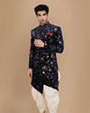 alt message - Manyavar Men Bold Blue Patterned Indo Western Set image number 1