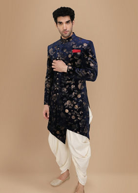 alt message - Manyavar Men Bold Blue Patterned Indo Western Set image number 1