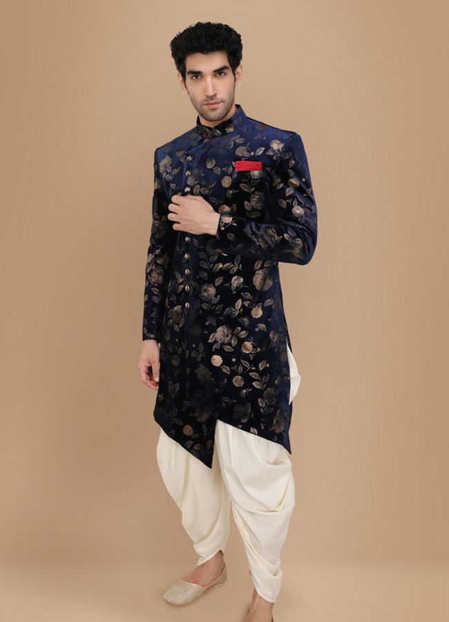 alt message - Manyavar Men Bold Blue Patterned Indo Western Set image number 1