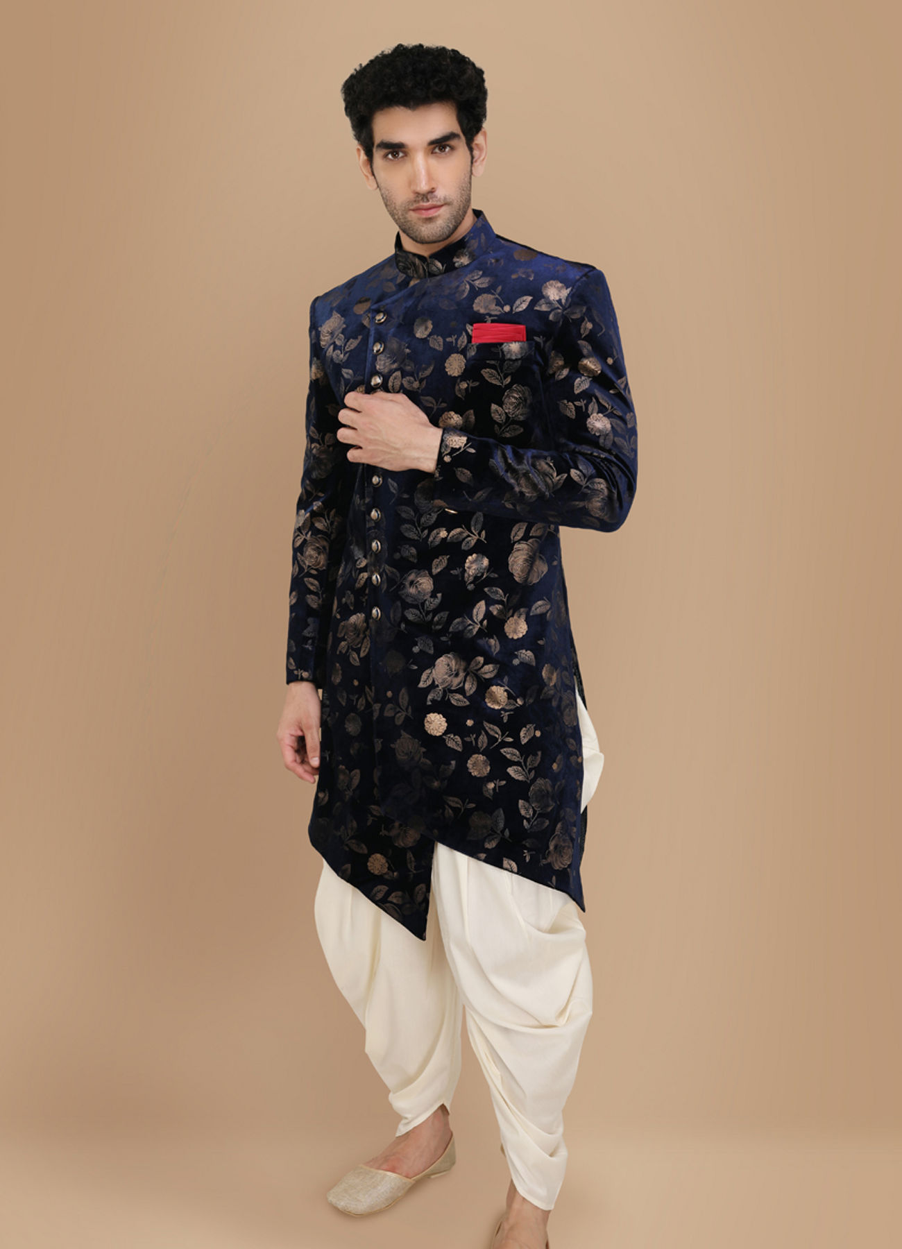 Manyavar Men Bold Blue Patterned Indo Western Set