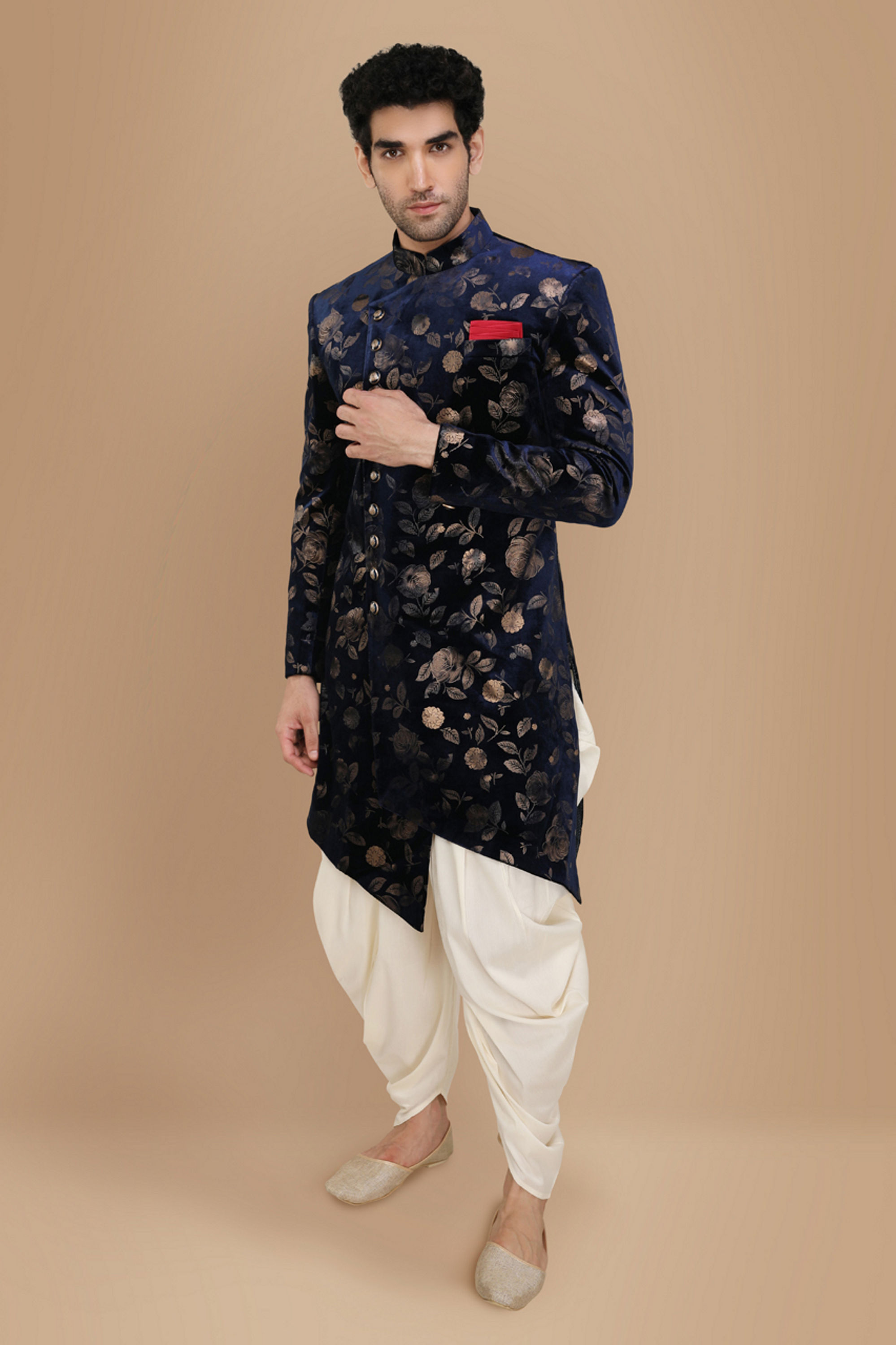 Manyavar Men Bold Blue Patterned Indo Western Set