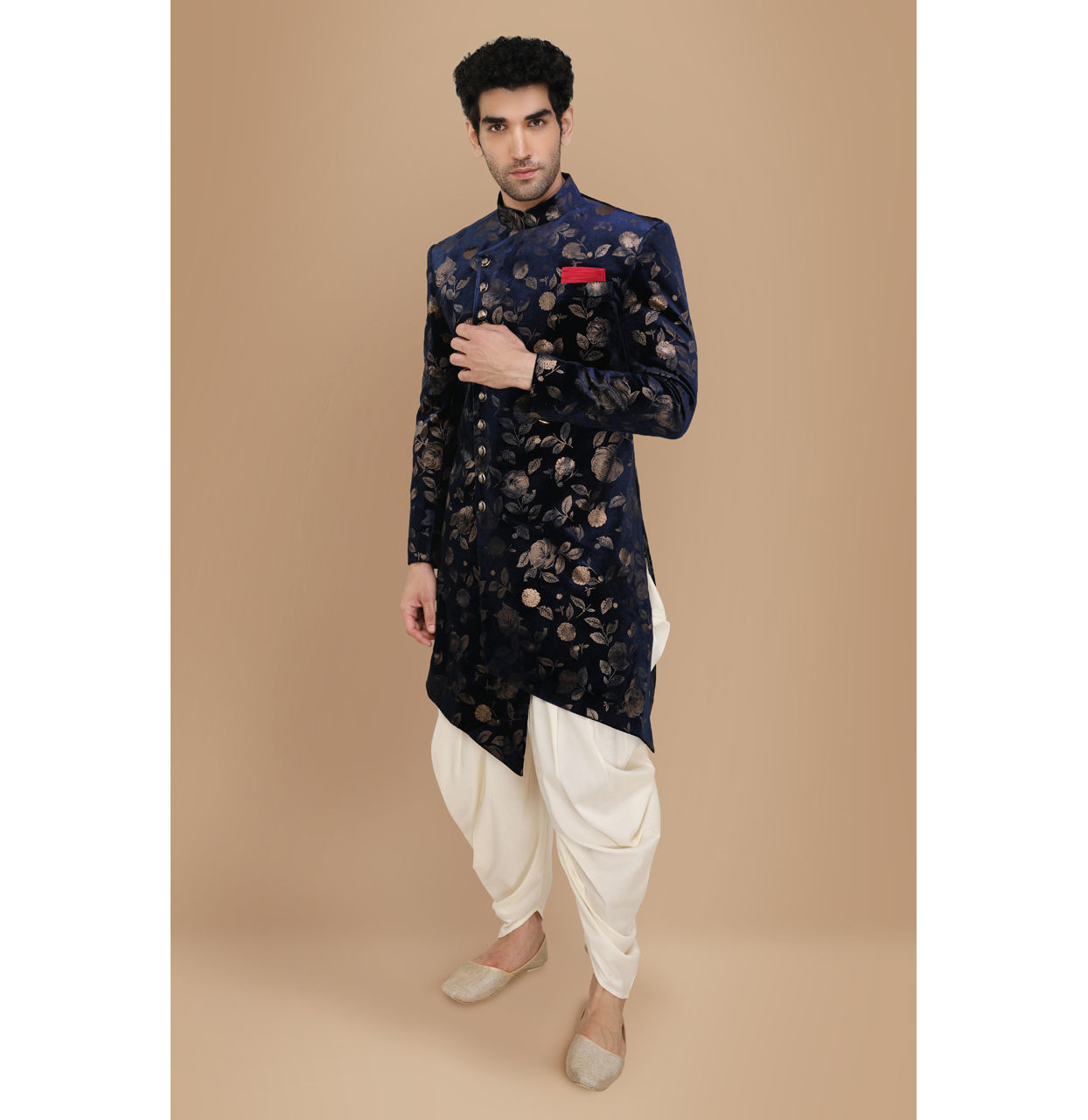 alt message - Manyavar Men Bold Blue Patterned Indo Western Set image number 1