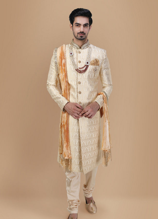 alt message - Manyavar Men Classic Light Colored Traditional Sherwani image number 2