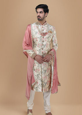 alt message - Manyavar Men Floral Designer Sherwani For Groom image number 1