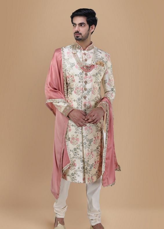 Manyavar Men Floral Designer Sherwani For Groom