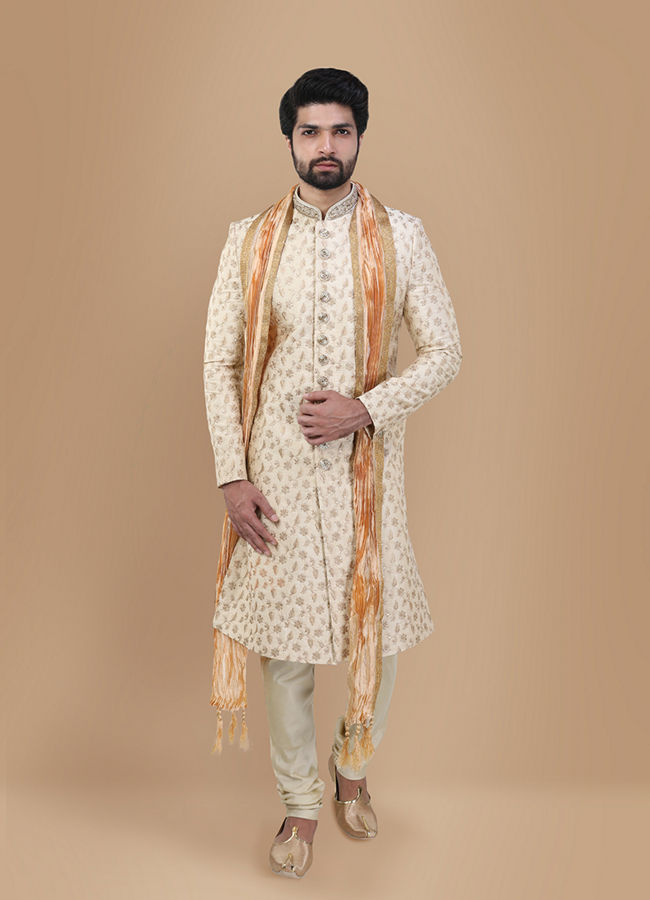 alt message - Manyavar Men Suave Beige Sherwani Set image number 1