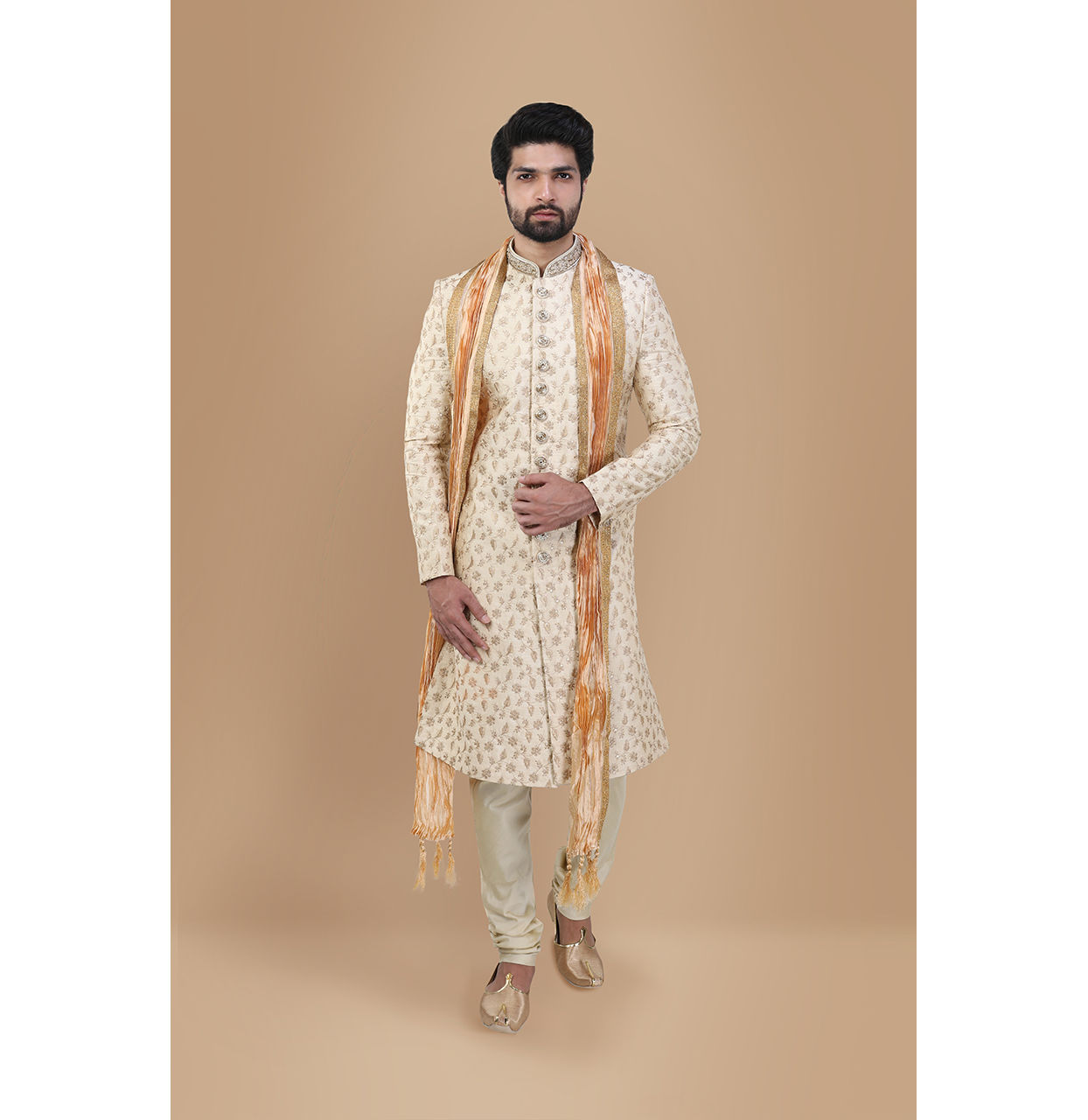 alt message - Manyavar Men Suave Beige Sherwani Set image number 1