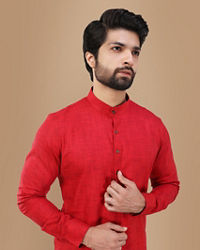 Manyavar Men Crimson Red Self Design Kurta