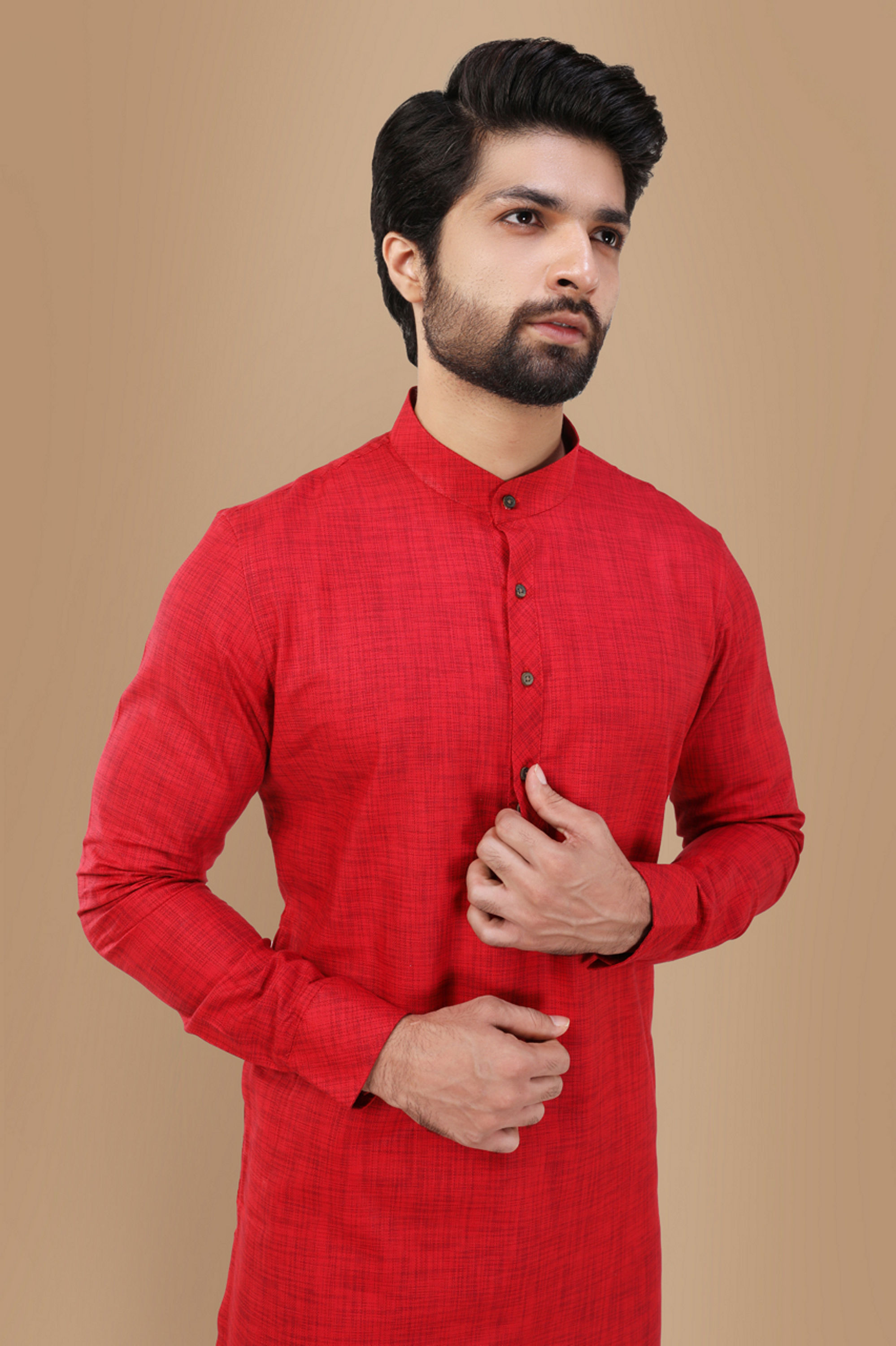 Manyavar Men Crimson Red Self Design Kurta