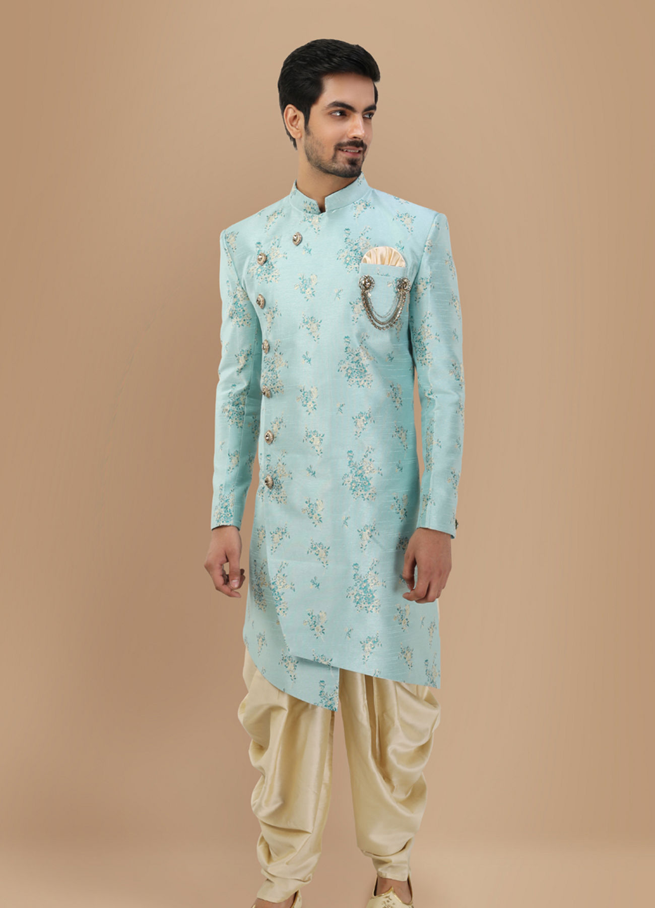 Manyavar Men Attractive Blue Indo Western Wear