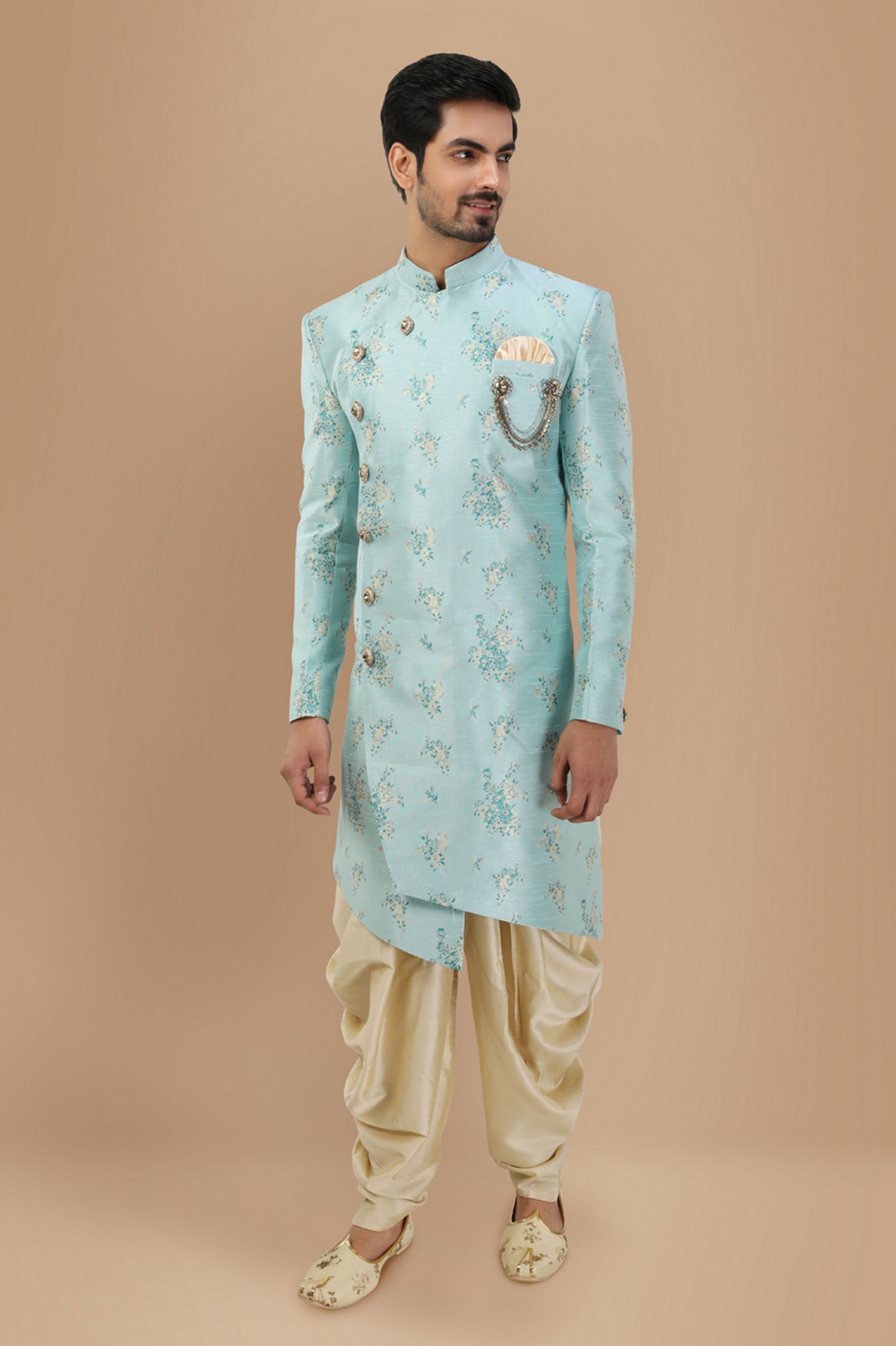 Manyavar Men Attractive Blue Indo Western Wear