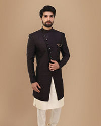 Manyavar Men Form Fitting Wine Indo Western Set