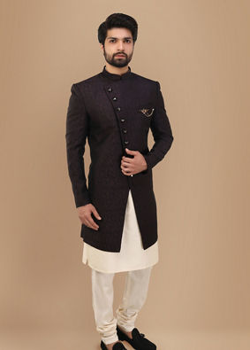 alt message - Manyavar Men Form-Fitting Wine Indo Western Set image number 1