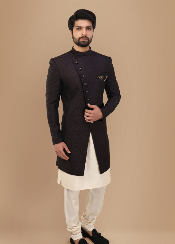 Manyavar Men Form Fitting Wine Indo Western Set