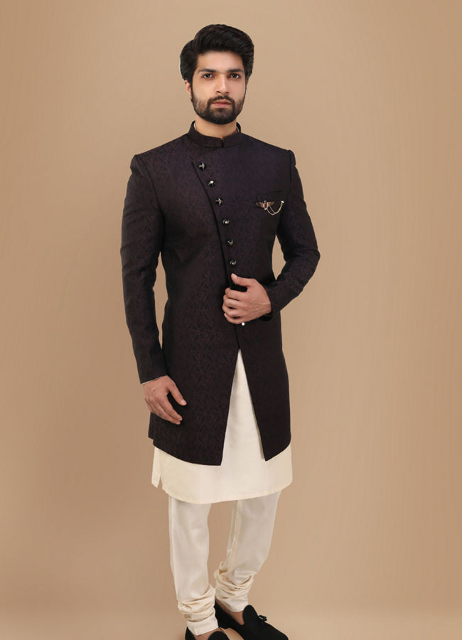 alt message - Manyavar Men Form-Fitting Wine Indo Western Set image number 1