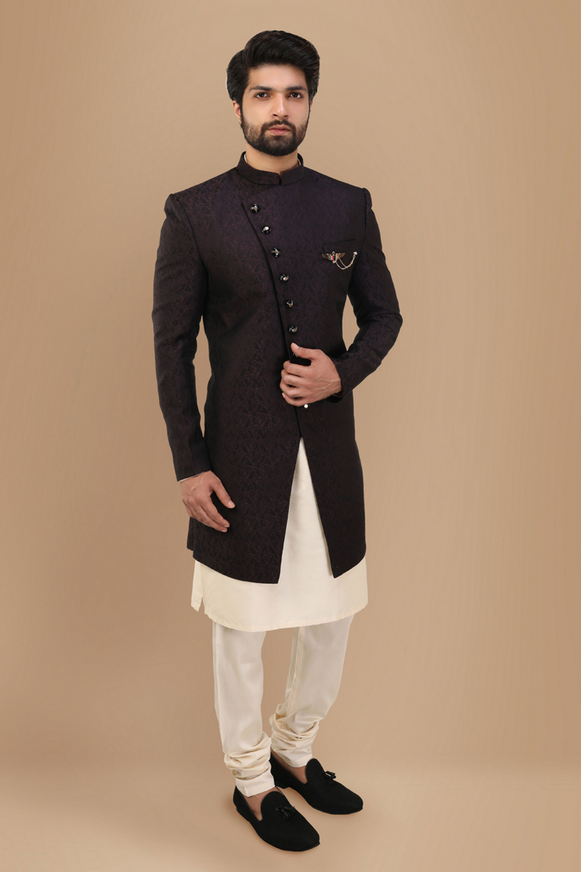 Manyavar Men Form Fitting Wine Indo Western Set