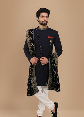 alt message - Manyavar Men Vivacious Blue Indo-Western Set image number 1