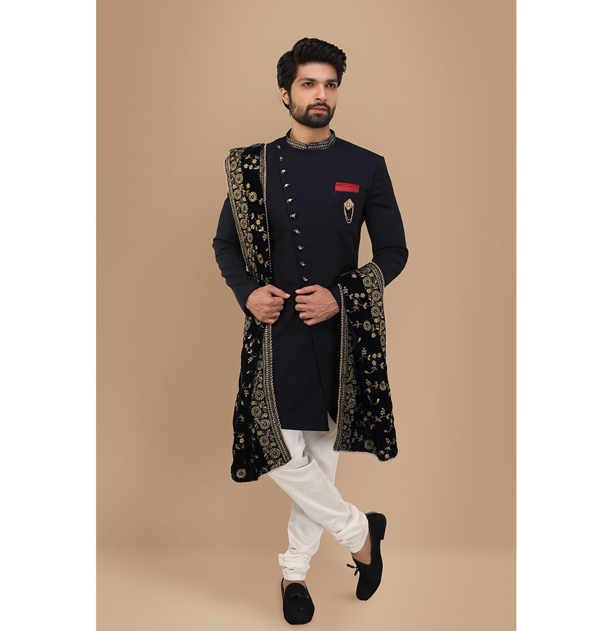 alt message - Manyavar Men Vivacious Blue Indo-Western Set image number 1