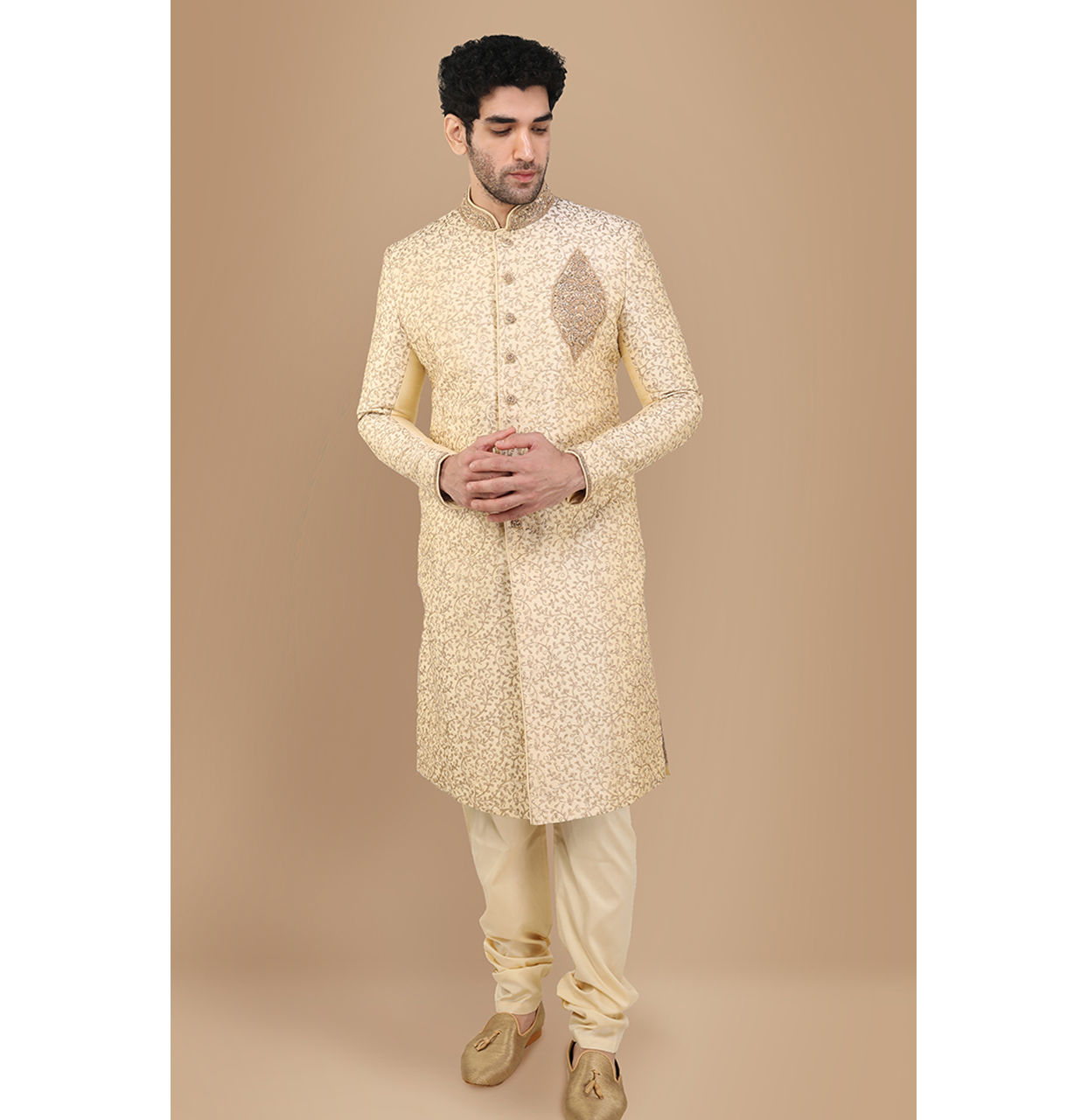 alt message - Manyavar Men Glam Biscuit Shade Sherwani Suit image number 1