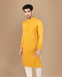 Manyavar Men Amber Yellow Self Design Kurta Set